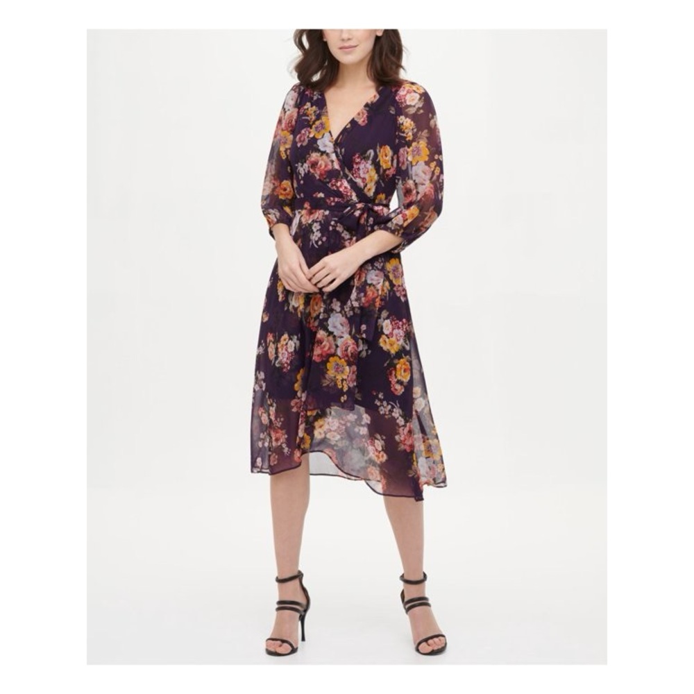 NWT DKNY Women’s Purple Floral 3/5 Sleeve V Neck Faux Wrap Dress